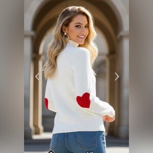 Chicwish Cream Turtleneck Sweater with Red Heart Accents